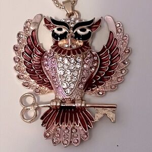 BETSEY JOHNSON RHINESTONE PINK OWL WITH SCISSORS NECKLACE.